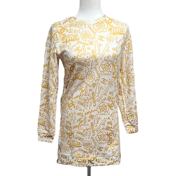 CHANEL Logo White and Gold Sweater Dress size M